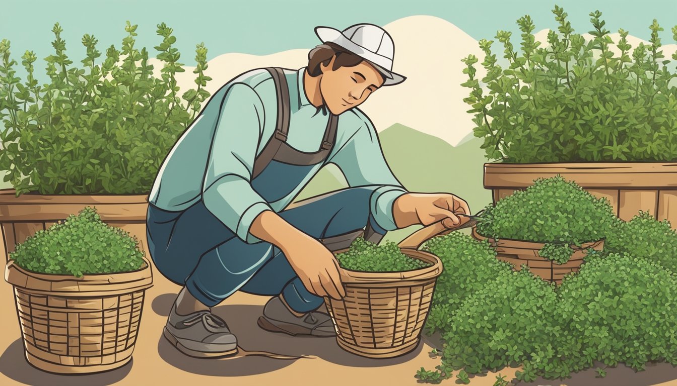 A person using scissors to harvest thyme from a plant, with a basket nearby to collect the cuttings