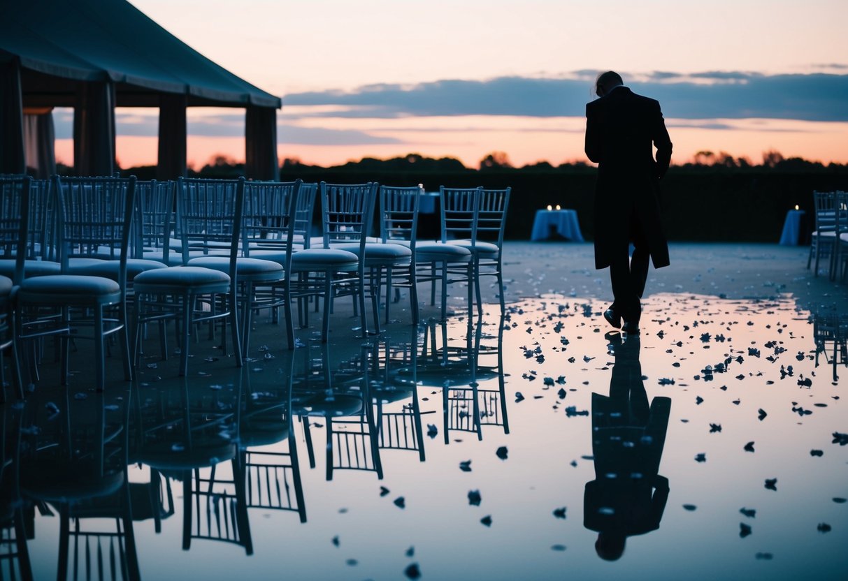 A deserted wedding venue at dusk, with scattered flower petals and empty chairs. A lone figure walks away, head bowed in reflection