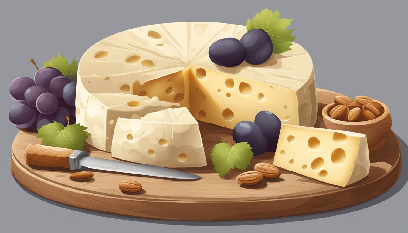 A wheel of Taleggio cheese sits on a wooden board, surrounded by grapes and nuts. A knife cuts into the creamy, pungent cheese