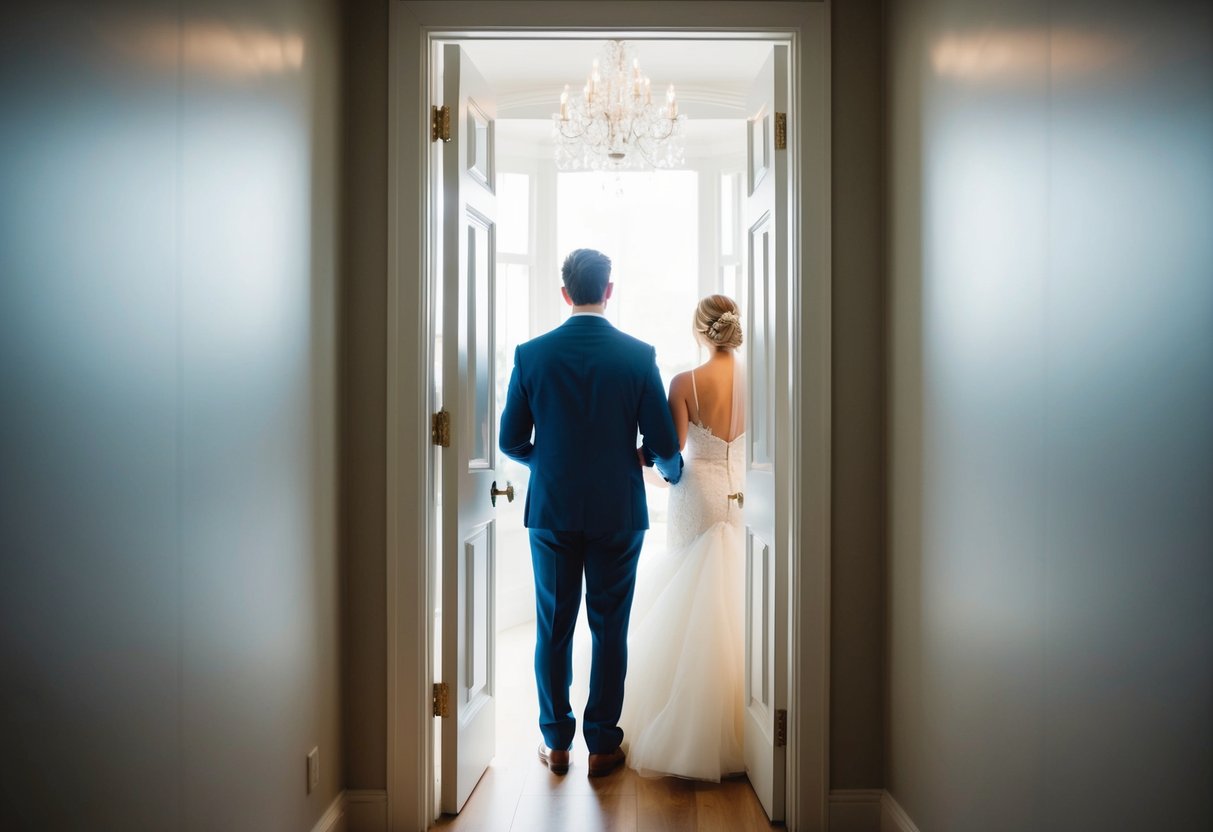 A groom stands outside a closed door, unable to see the bride on the other side. A sense of anticipation and longing fills the air