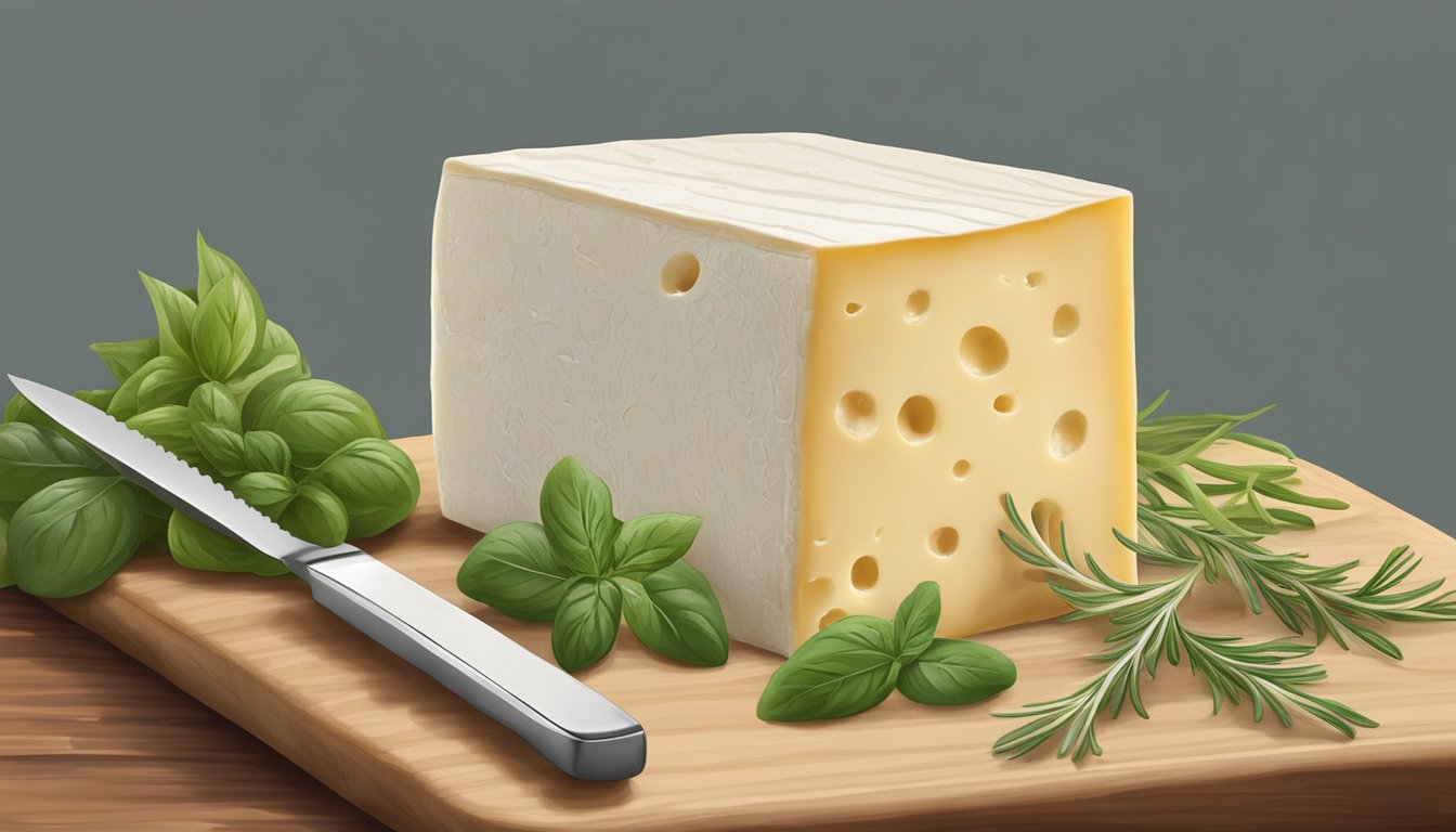 A block of Taleggio cheese sits on a wooden cutting board, surrounded by a few sprigs of fresh herbs and a small knife