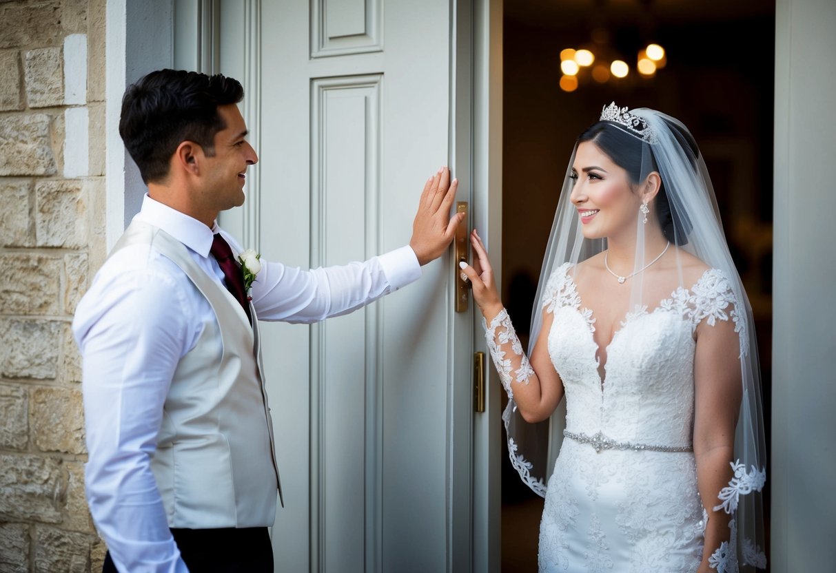 A groom stands outside a closed door, reaching out to touch it, while a veiled bride stands on the other side, looking at him through the keyhole