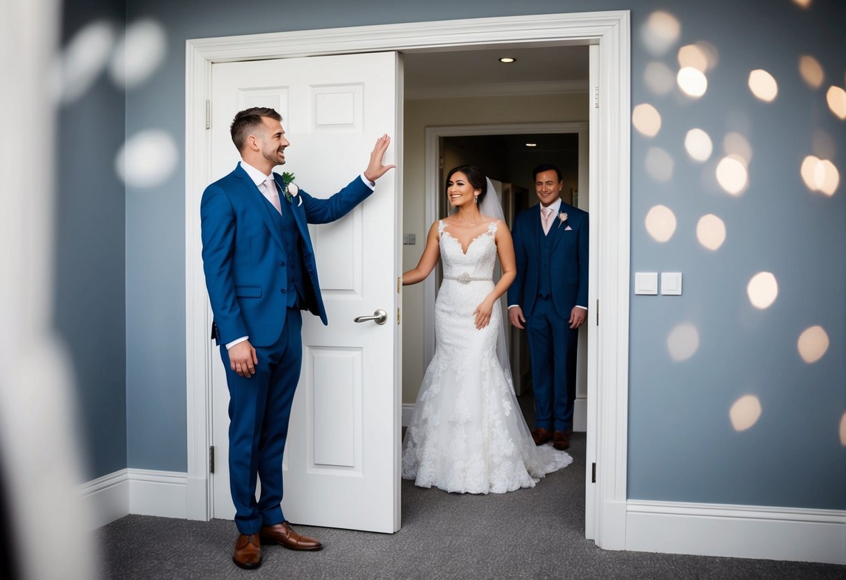 A groom stands outside a closed door, reaching out with anticipation while the bride waits on the other side, hidden from view