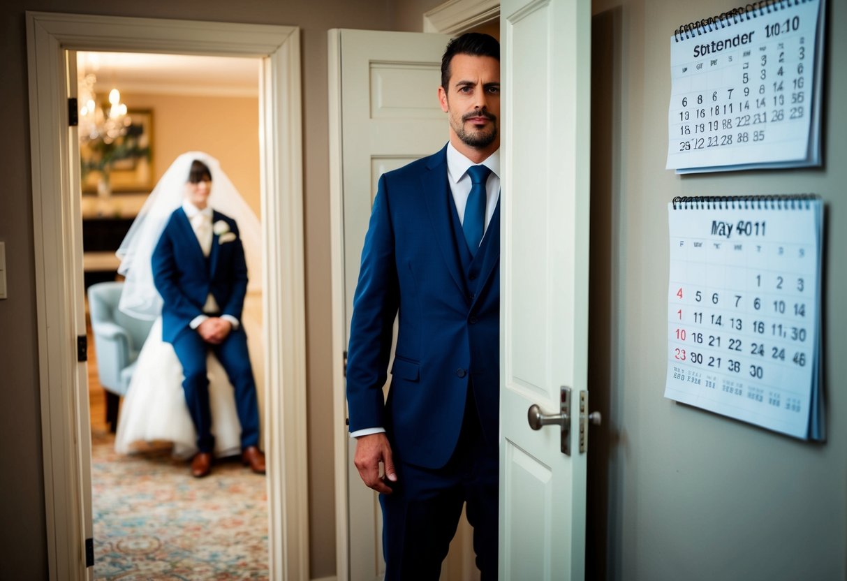 A groom stands outside a closed door, while the bride sits on the other side, obscured by a veil. A calendar on the wall marks the date of the wedding