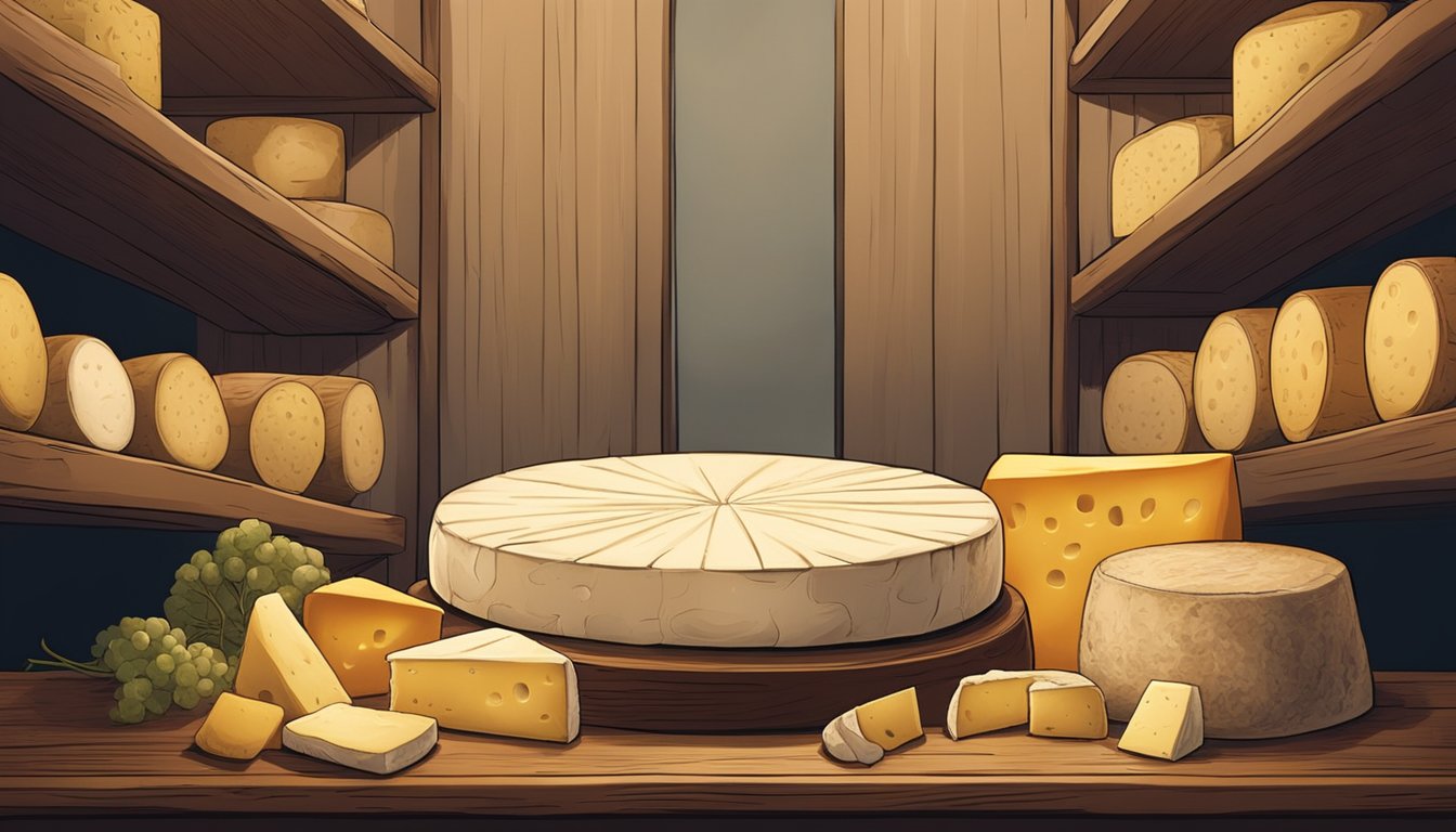 A wheel of Taleggio cheese sits on a wooden aging shelf, surrounded by other cheeses. The dimly lit room is filled with the earthy aroma of aging cheese