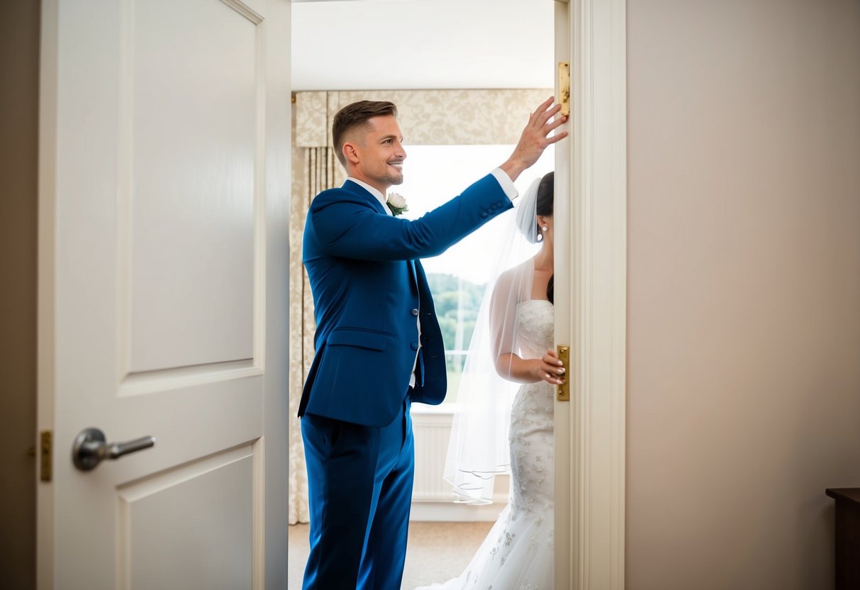 A groom stands outside a closed door, reaching out with anticipation. A veil hangs on the other side, obscuring the bride's face