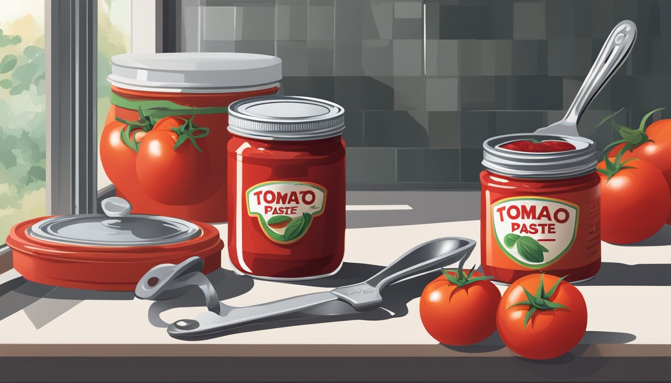 A jar of tomato paste sits on a kitchen counter next to a can opener and a spoon. The lid is partially peeled back, revealing the vibrant red paste inside