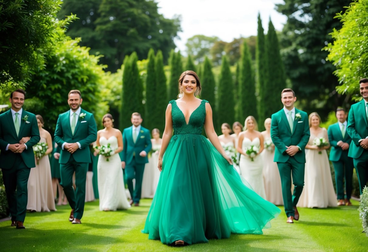 A lush green garden with a flowing emerald dress among a sea of elegant attire at a wedding