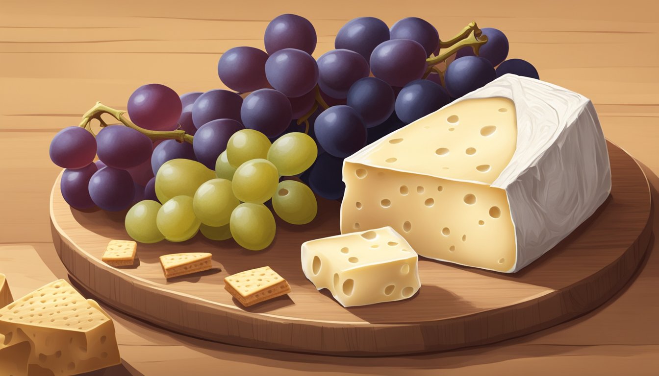 A wedge of Taleggio cheese sits on a wooden cutting board, surrounded by grapes and crackers. The cheese is wrapped in paper and has a creamy, slightly pungent aroma