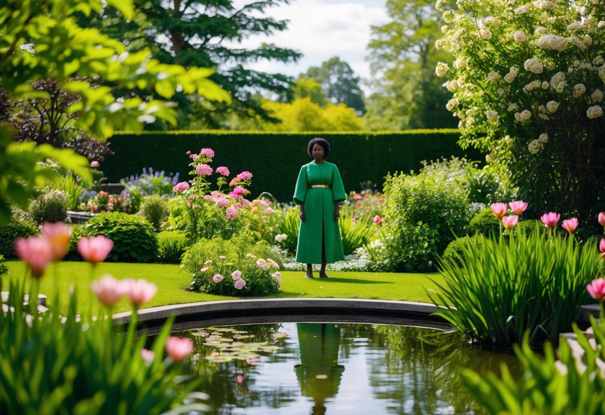A lush green garden with blooming flowers and a serene pond, with a figure in a green outfit standing amidst the natural beauty
