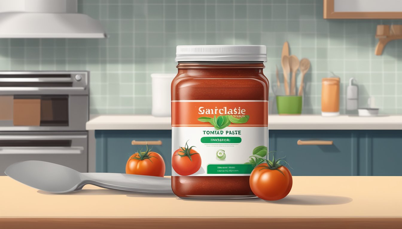 A jar of tomato paste with visible signs of spoilage, such as mold or discoloration, sitting on a kitchen countertop