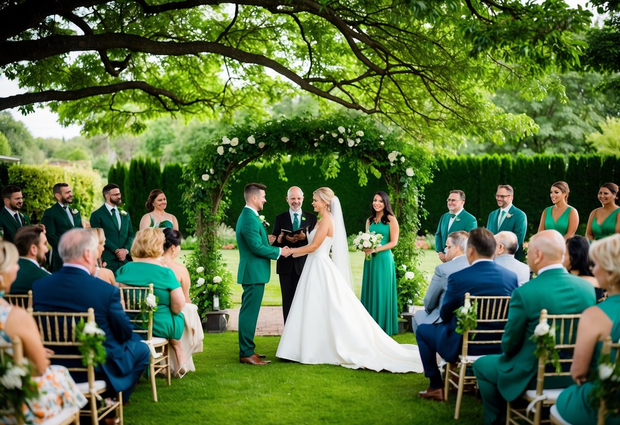 A lush green garden with a bride and groom exchanging vows under a canopy of trees, surrounded by guests in various shades of green attire