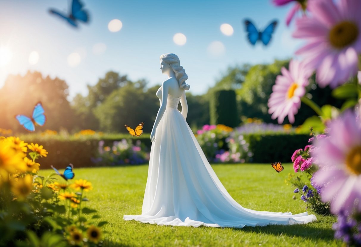 A figure in a flowing white gown stands alone in a sunlit garden, surrounded by colorful flowers and butterflies
