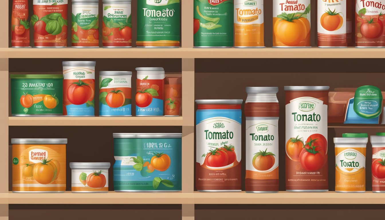 A variety of tomato paste packaging, including cans, tubes, and jars, arranged on a shelf with varying expiration dates