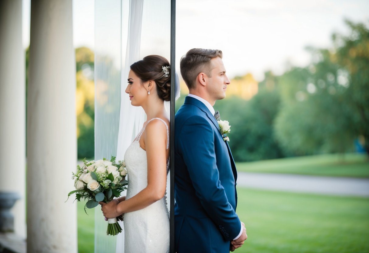 A bride and groom standing back to back, separated by a thin, translucent screen, unable to see each other on their wedding day