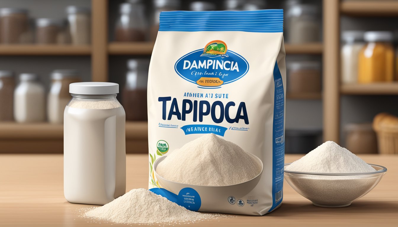 A bag of tapioca flour sits on a pantry shelf, with a clear expiration date visible. The flour is surrounded by other baking ingredients, suggesting its use in cooking