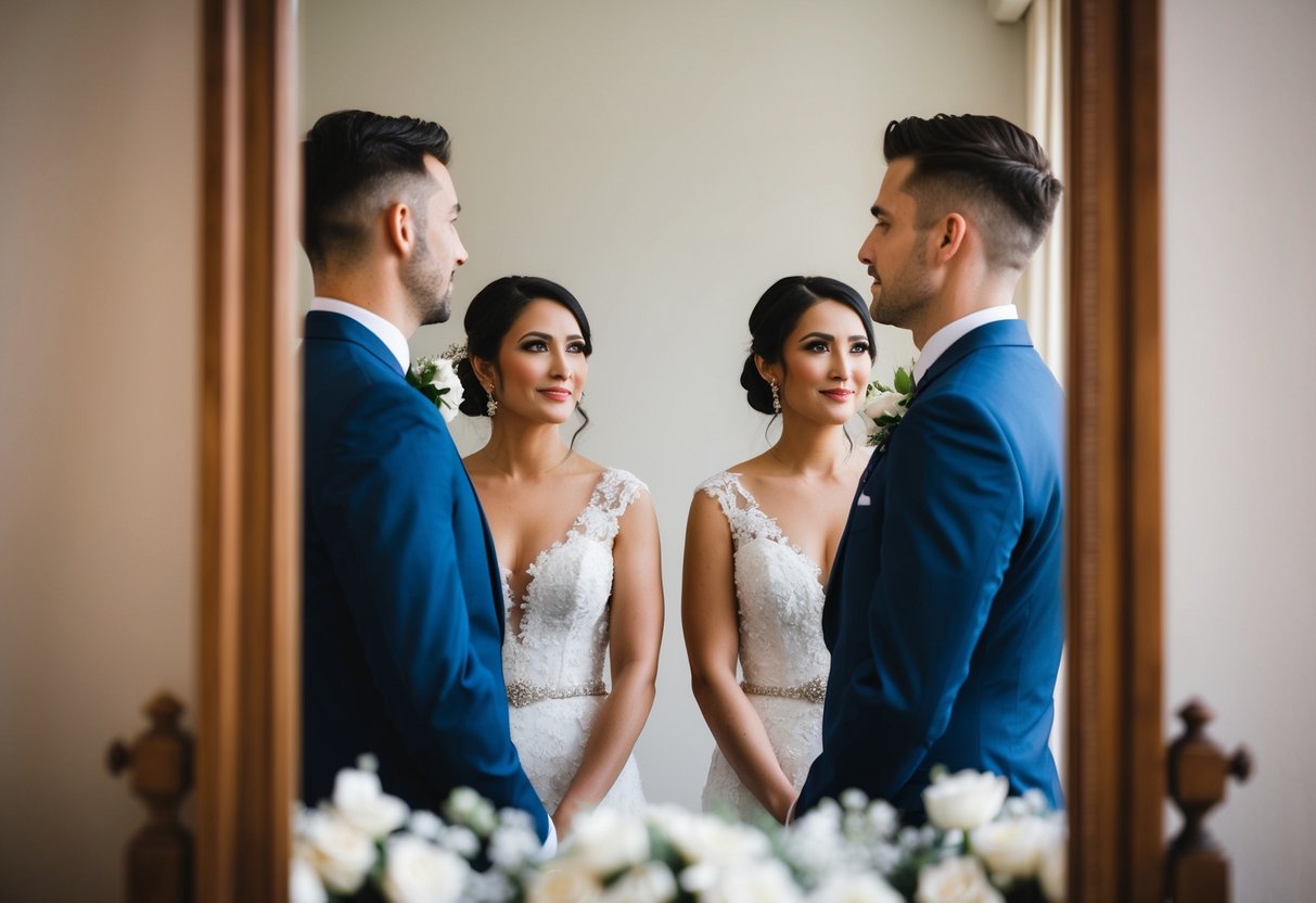 A bride and groom's reflection in a mirror, both looking away with hesitant expressions