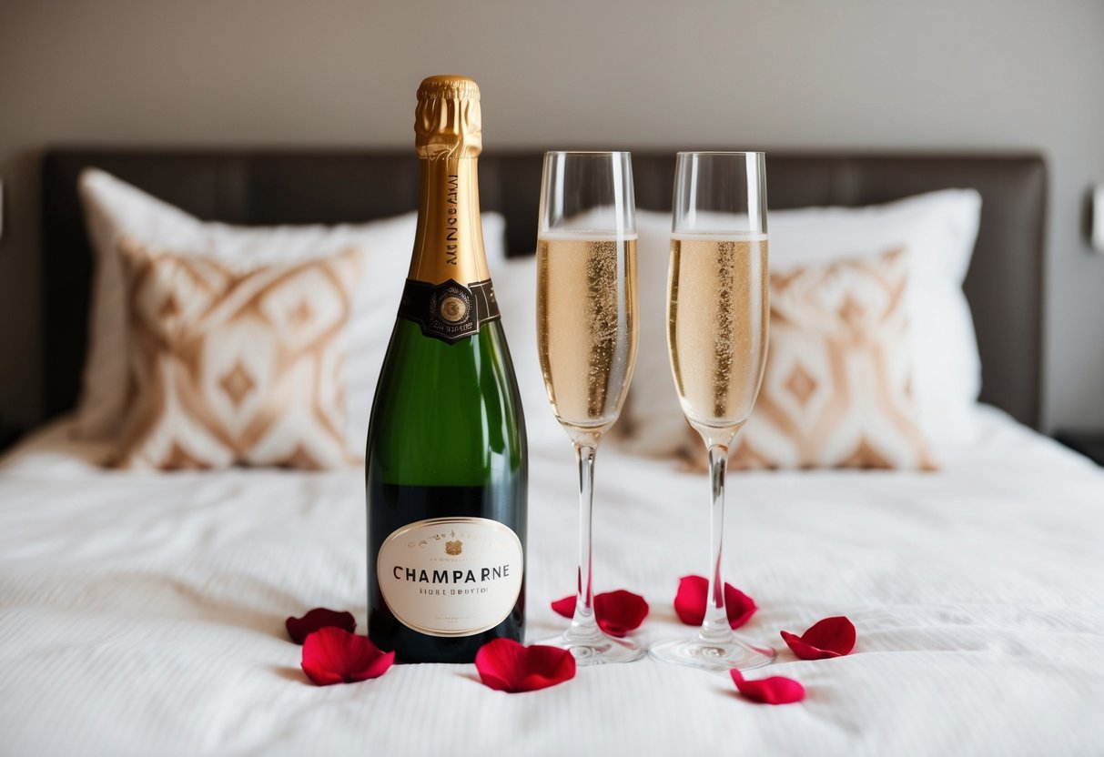 A champagne bottle and two flutes on a bed with rose petals scattered around