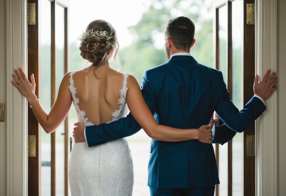 A bride and groom standing back to back, holding hands around a door frame, eagerly anticipating their first look on their wedding day