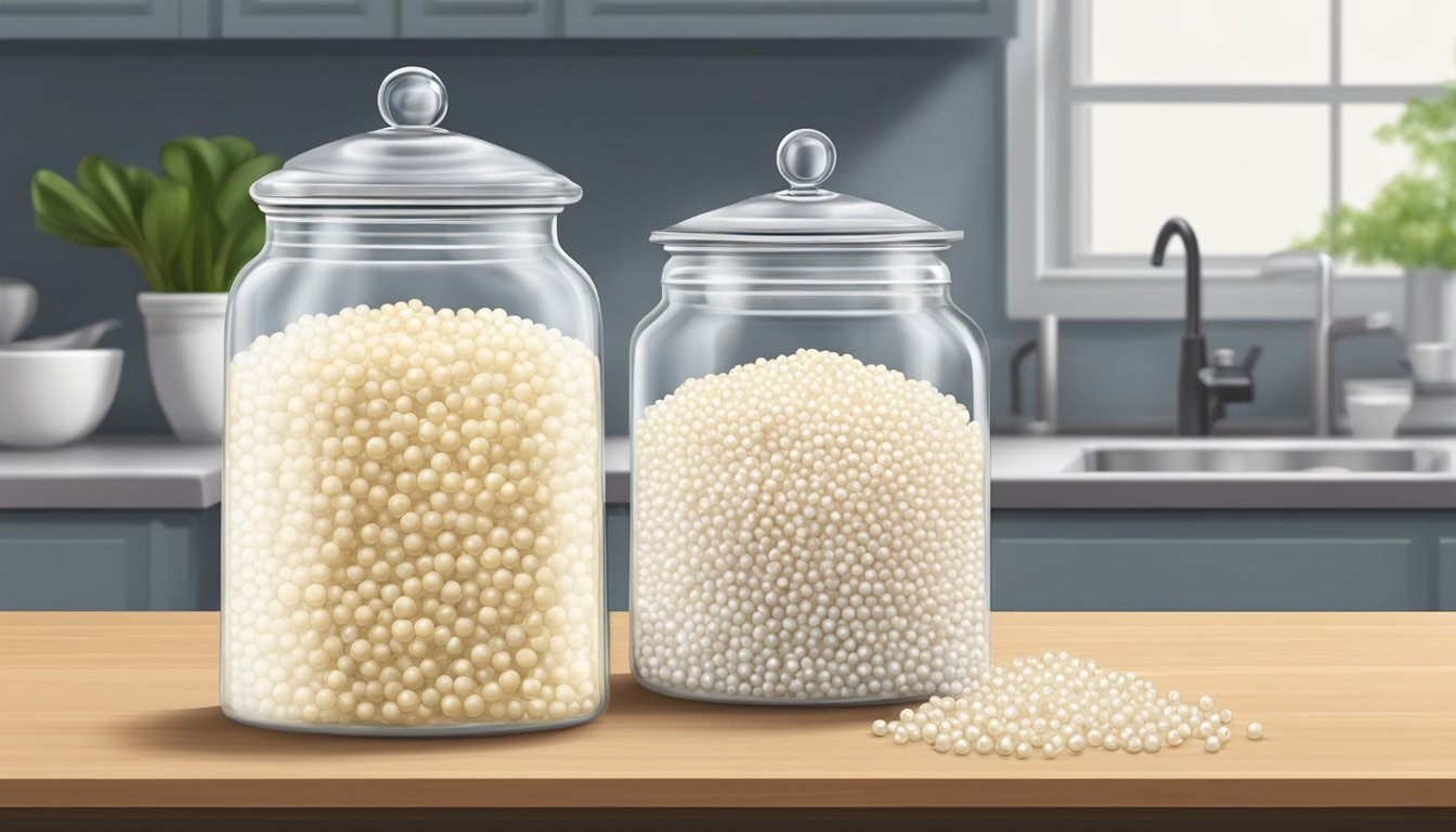 A clear glass jar filled with tapioca pearls sits on a kitchen counter, sealed tightly with a lid to preserve freshness