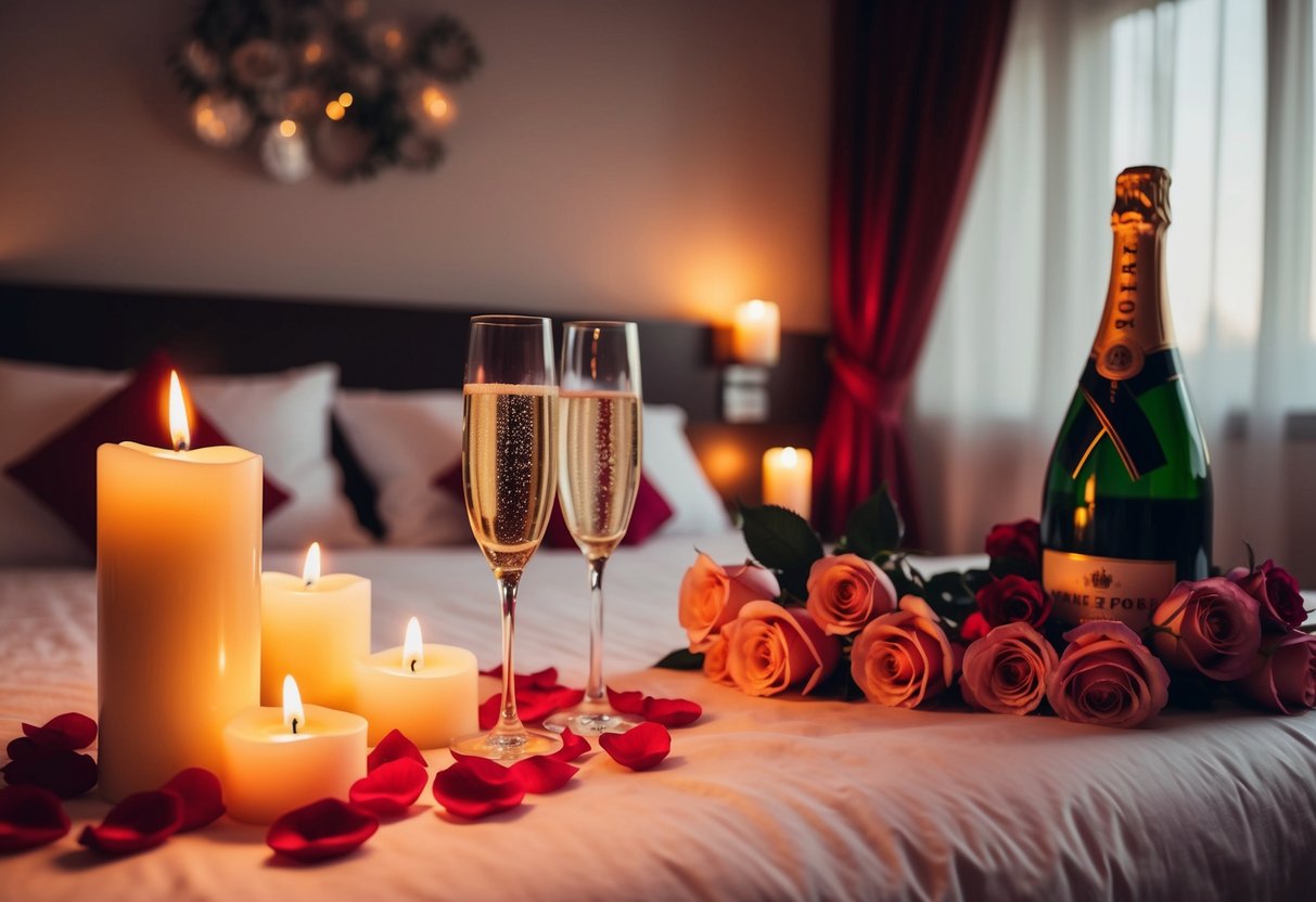A candlelit bedroom with rose petals on the bed, champagne on ice, and a romantic ambiance