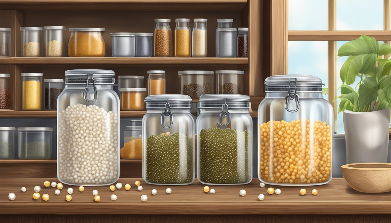 A glass jar filled with tapioca pearls sits on a wooden shelf, surrounded by other pantry items. The pearls are dry and slightly translucent, with a few spilling out onto the shelf