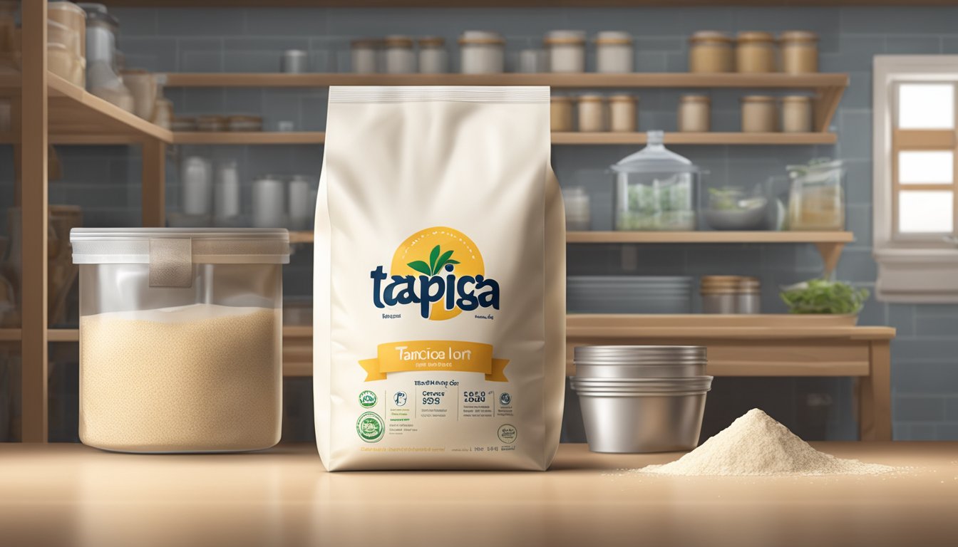 A sealed bag of tapioca flour with a "best by" date on the packaging, stored in a cool, dry pantry