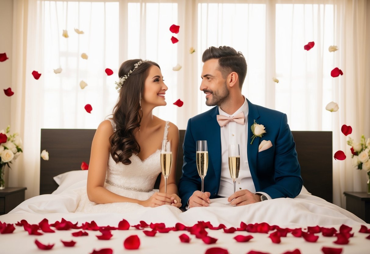 A couple sits on a bed surrounded by scattered rose petals and champagne glasses, gazing at each other with love and anticipation