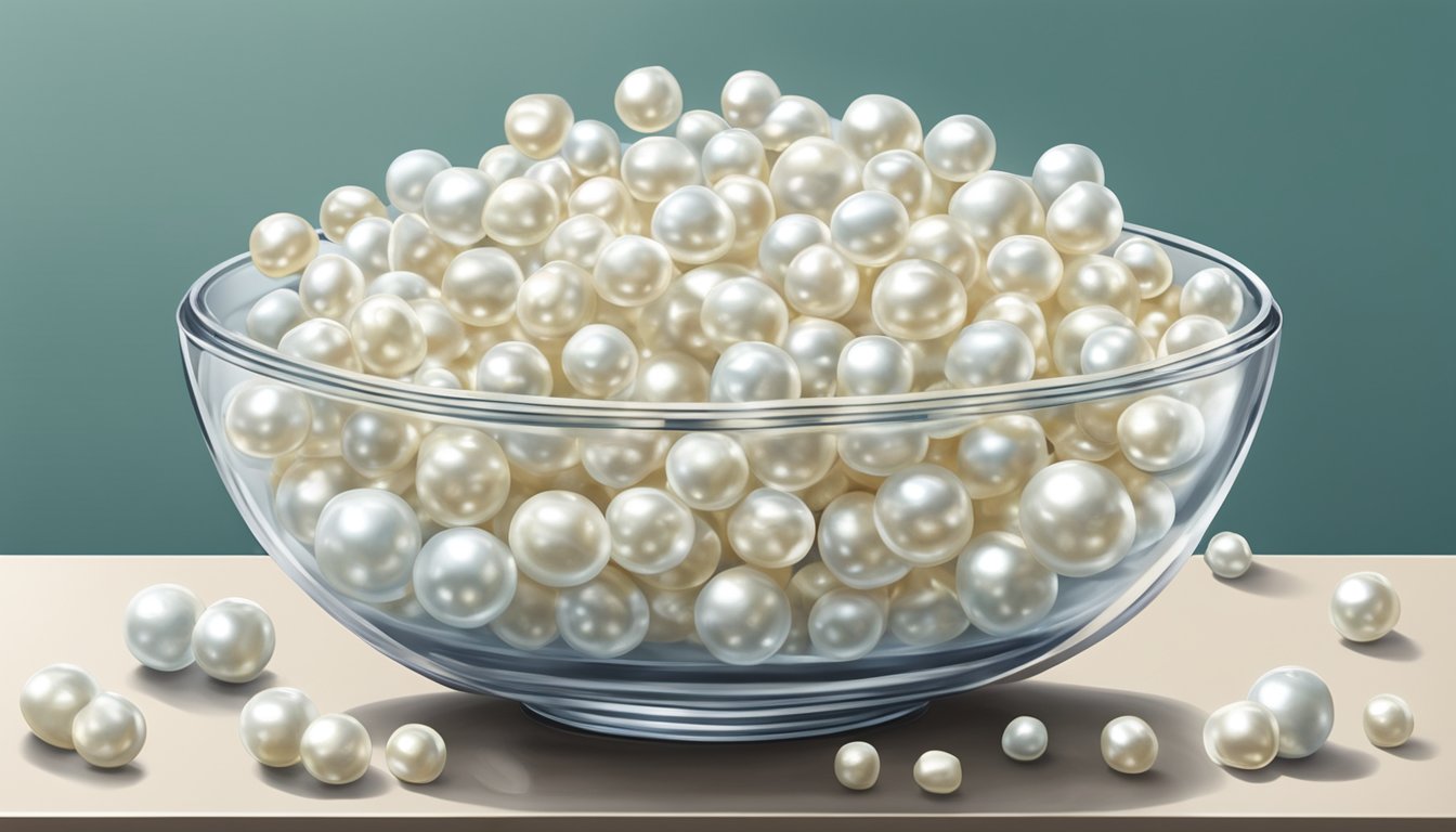 A clear glass bowl of tapioca pearls sits on a kitchen counter, with some pearls floating at the top and others sunk to the bottom