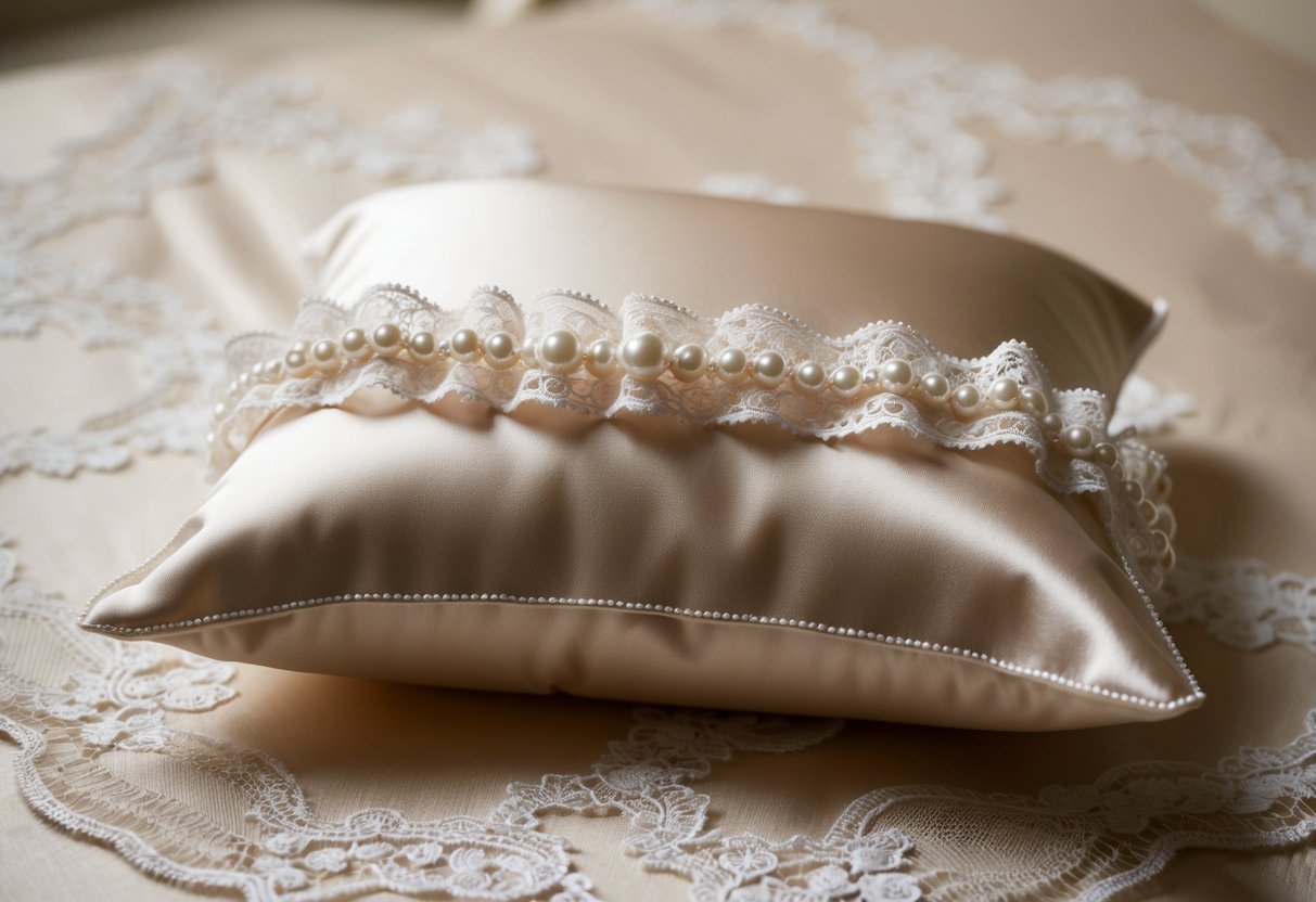A lace garter lies delicately on a satin pillow, adorned with delicate pearls and lace trimmings, waiting to be worn by the bride