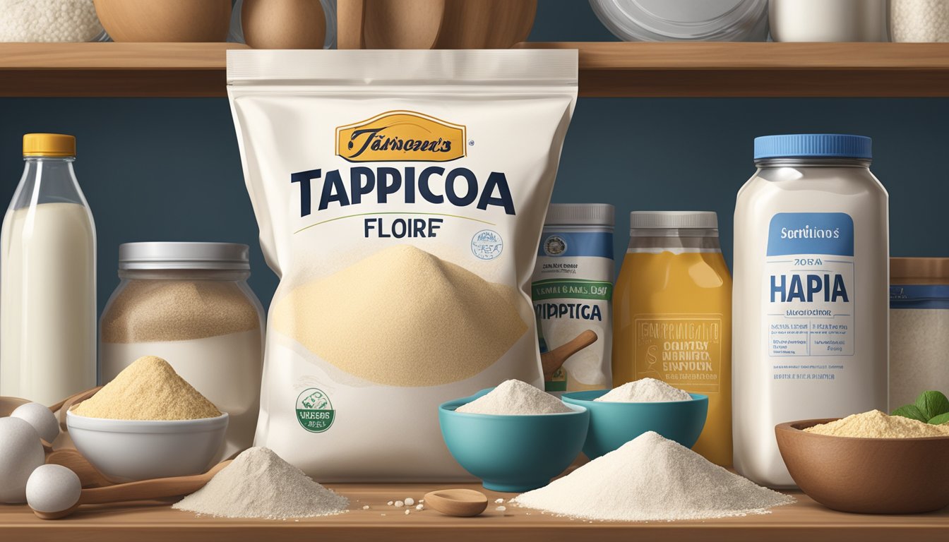 A sealed bag of tapioca flour sits on a pantry shelf, surrounded by other baking ingredients. The expiration date is clearly visible