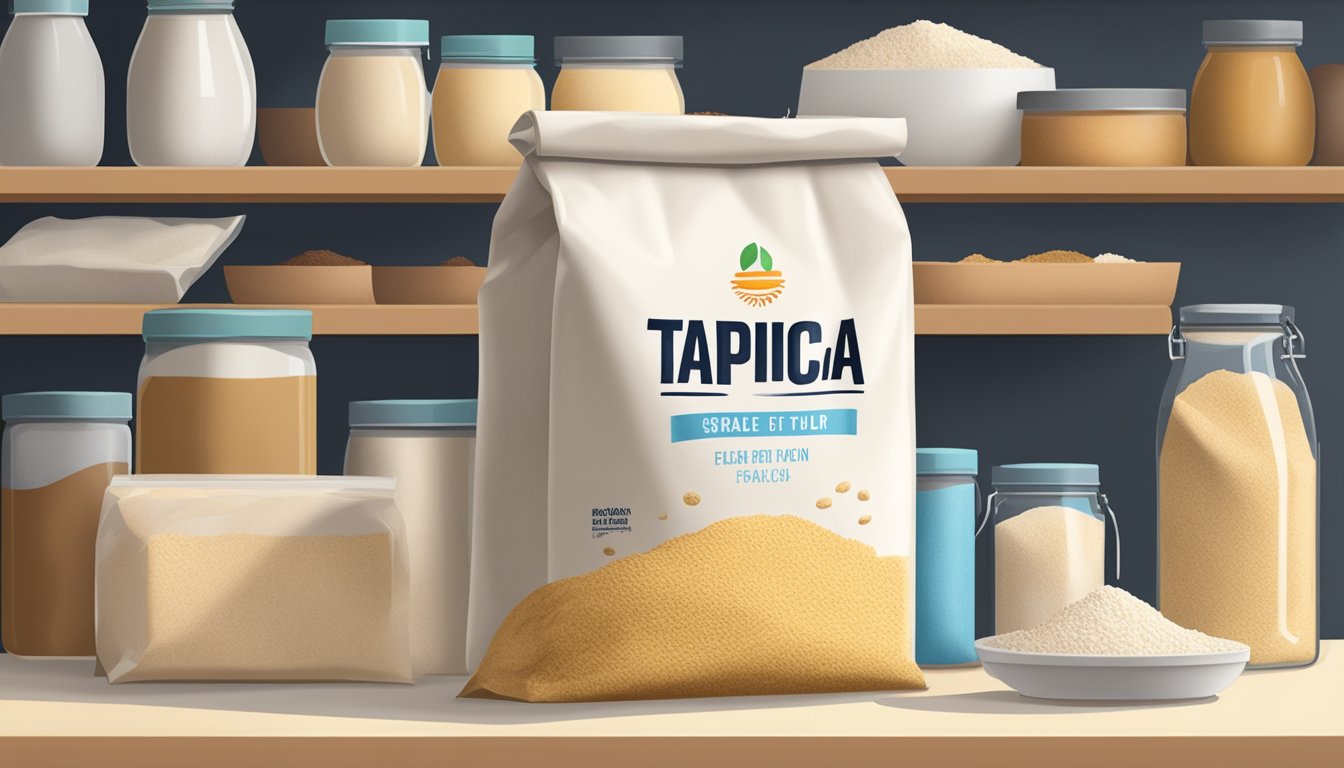 A sealed bag of tapioca flour sits on a pantry shelf, surrounded by other dry goods. The expiration date is clearly visible