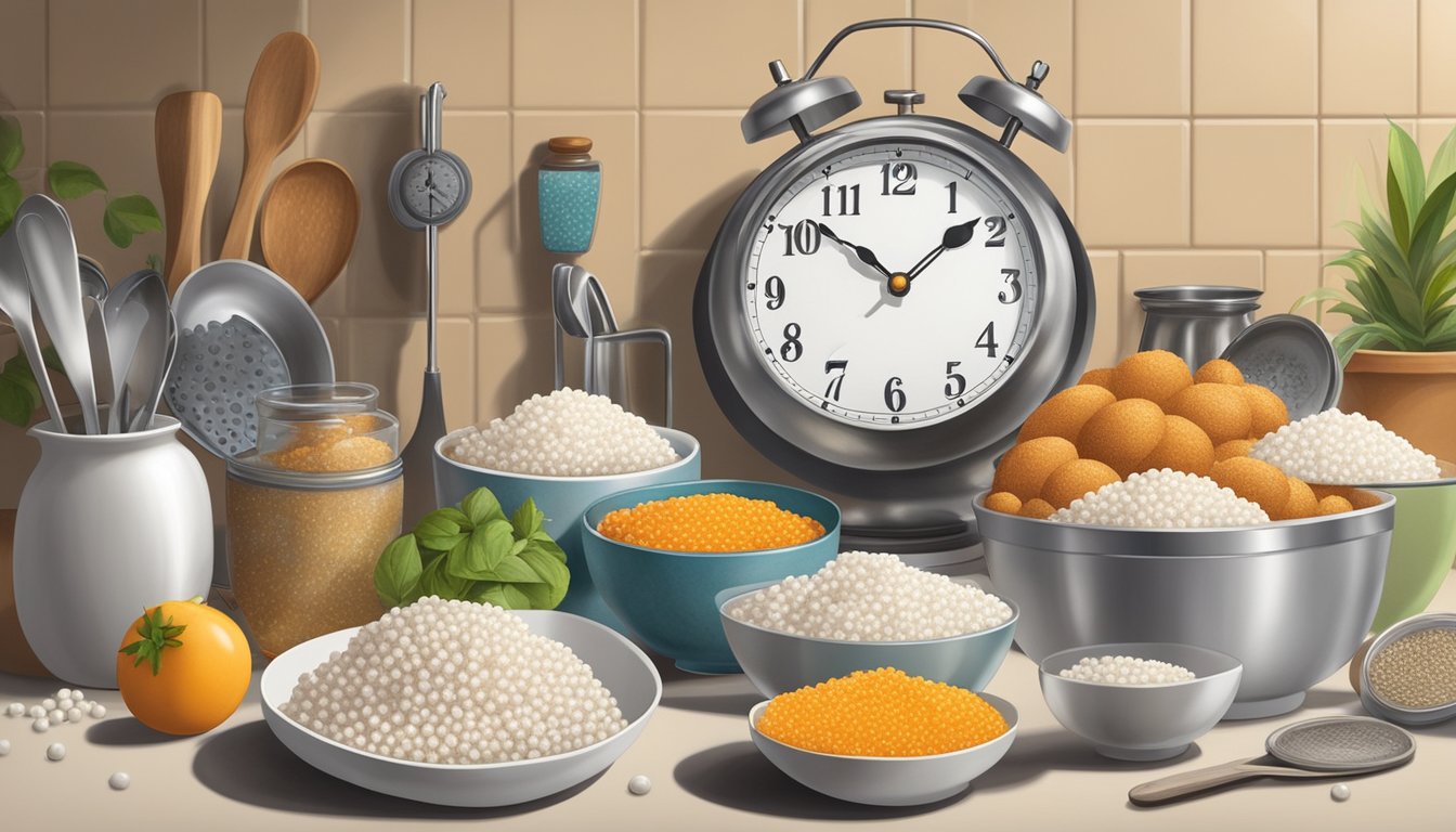 A bowl of tapioca pearls sits on a kitchen counter, surrounded by various ingredients and kitchen utensils. A clock on the wall shows the passage of time