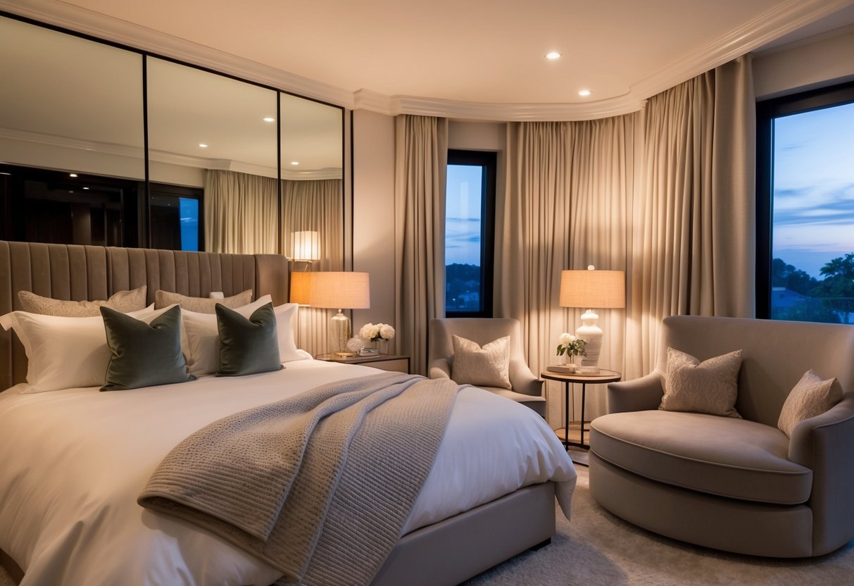 A cozy bedroom with a large, inviting bed adorned with soft, luxurious linens and romantic lighting