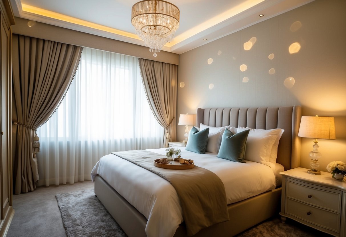 A cozy bedroom with a large, inviting bed adorned with luxurious linens and soft lighting creating a romantic atmosphere