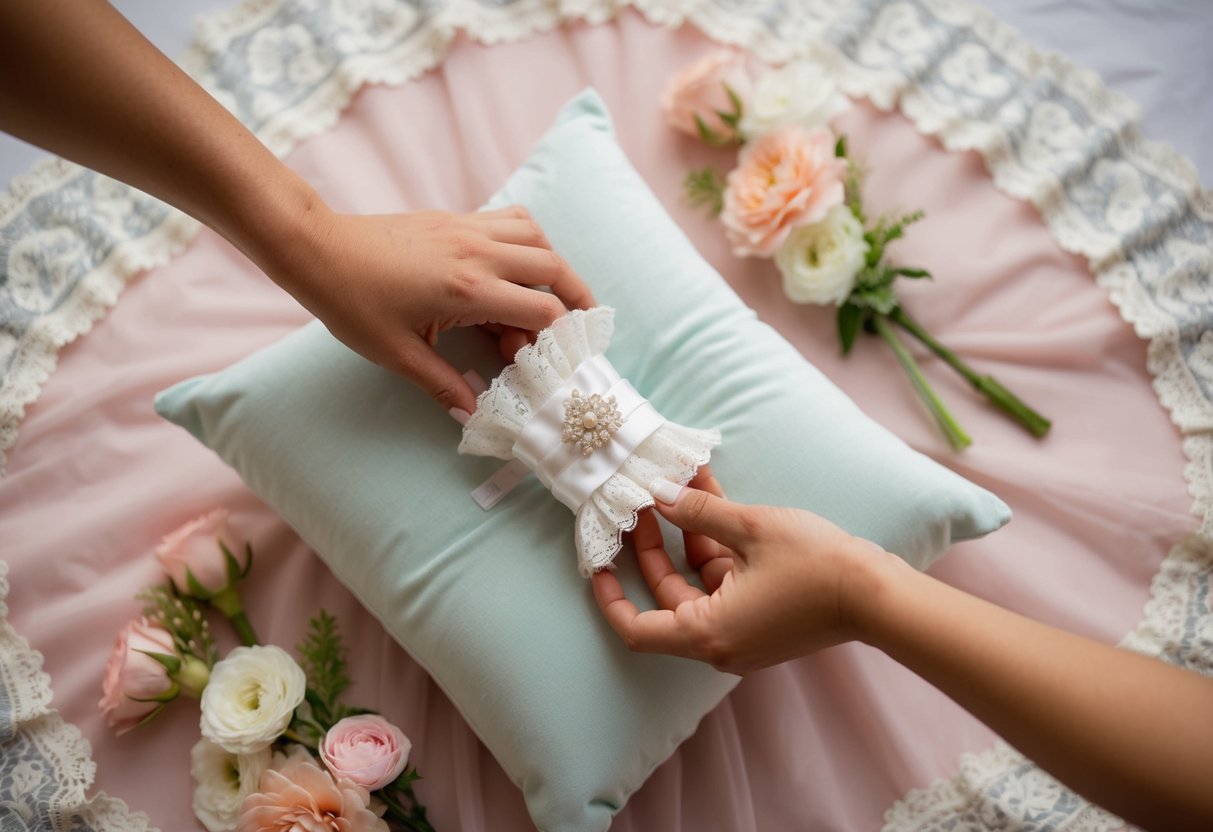 A garter being delicately placed on a soft, pastel pillow, surrounded by delicate lace and floral accents