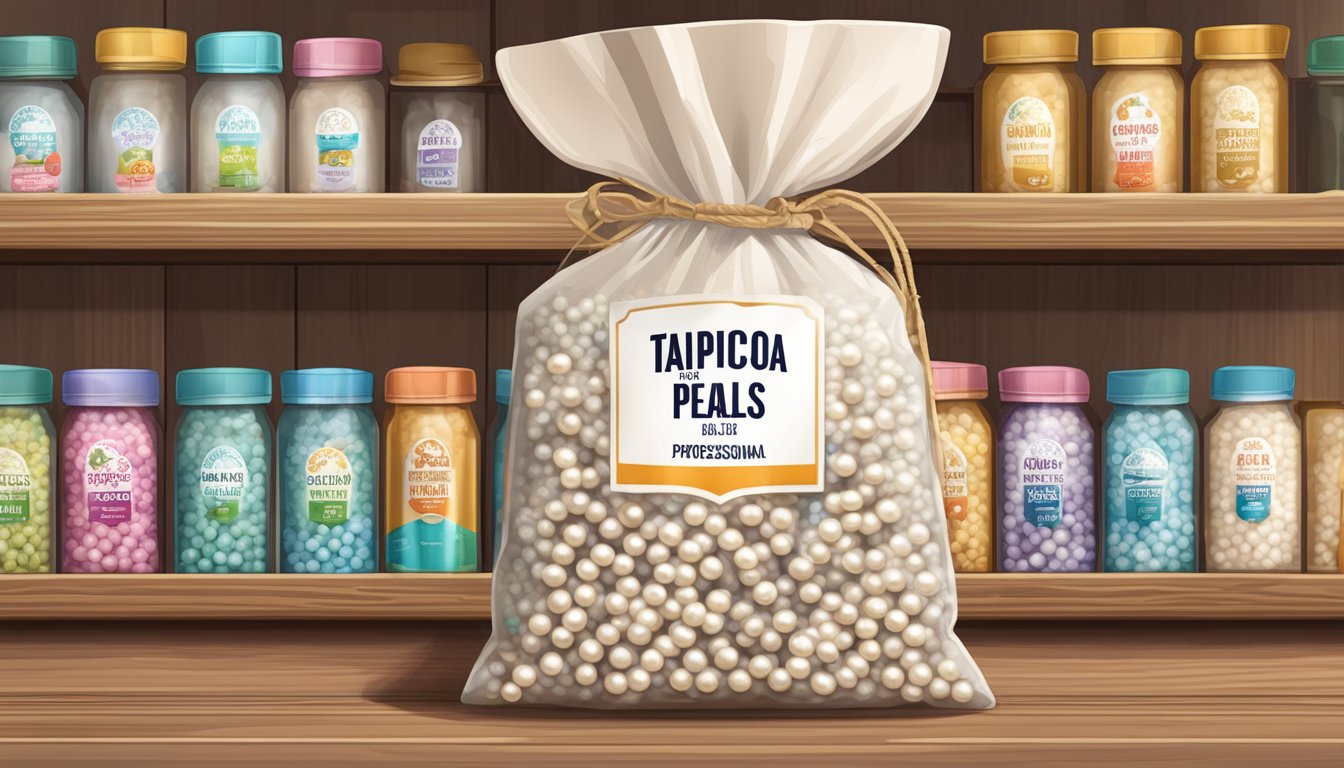 A bag of tapioca pearls sits on a shelf, sealed and labeled with an expiration date