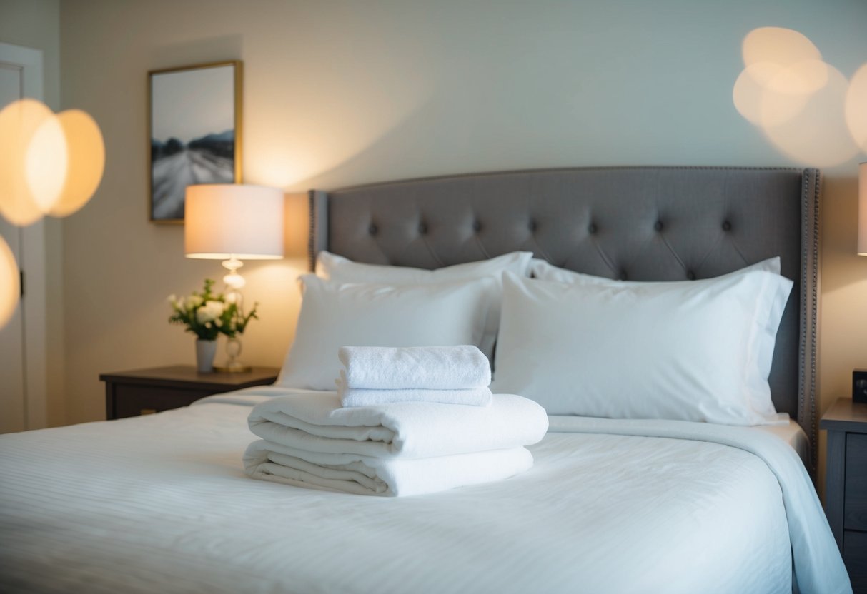 A cozy bedroom with a freshly made bed, soft lighting, and a sense of anticipation in the air