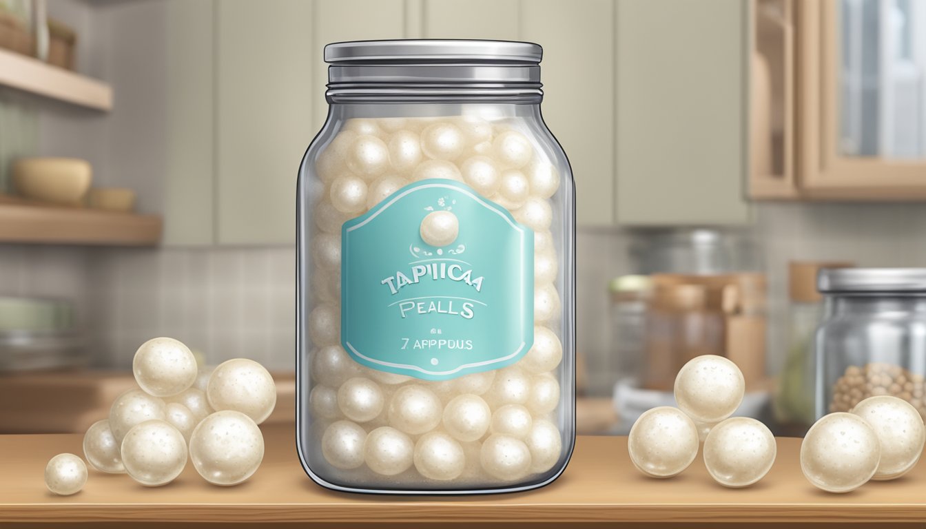 A clear glass jar filled with tapioca pearls on a kitchen shelf, with a label indicating the date of purchase