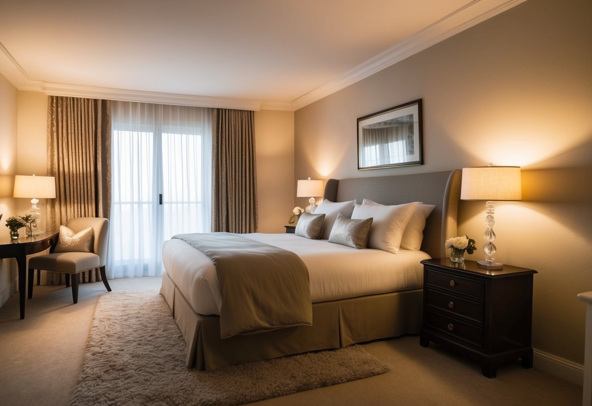 A cozy bedroom with a large, inviting bed adorned with soft linens and a warm, romantic ambiance