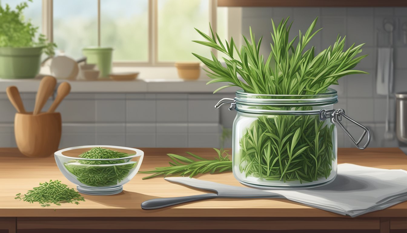 Fresh tarragon sprigs in a glass jar, sitting on a kitchen counter next to a mortar and pestle. A calendar hangs on the wall, marking the date of purchase