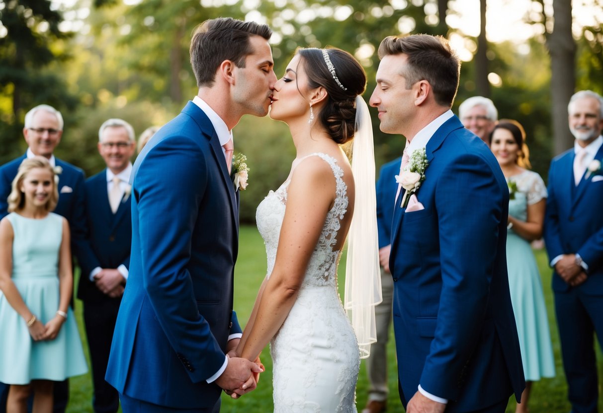 A bride and groom stand facing each other, surrounded by family and friends. The groom leans in to kiss the bride on the lips
