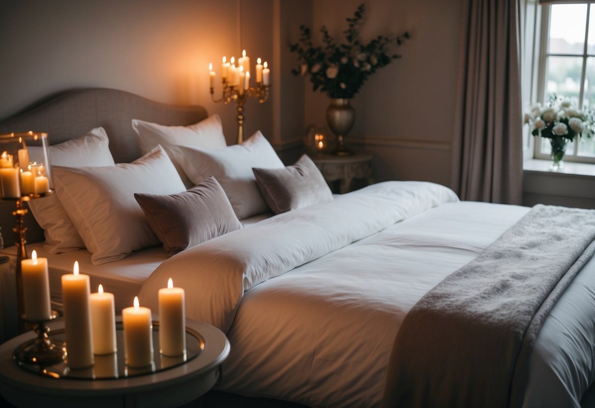 A cozy bedroom with a large, elegantly made bed, adorned with soft, romantic linens and dimly lit by candlelight