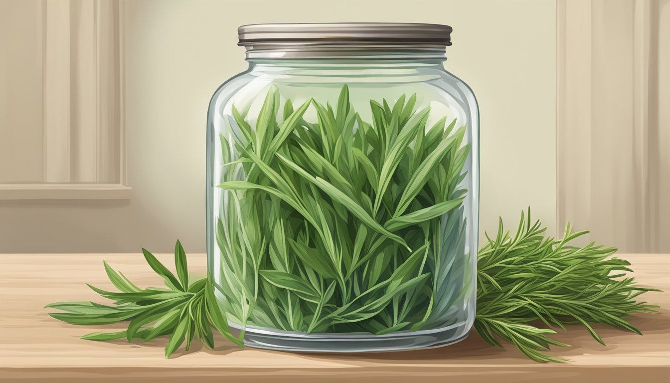 A glass jar filled with fresh tarragon leaves, sealed tightly with a lid, sitting on a kitchen shelf