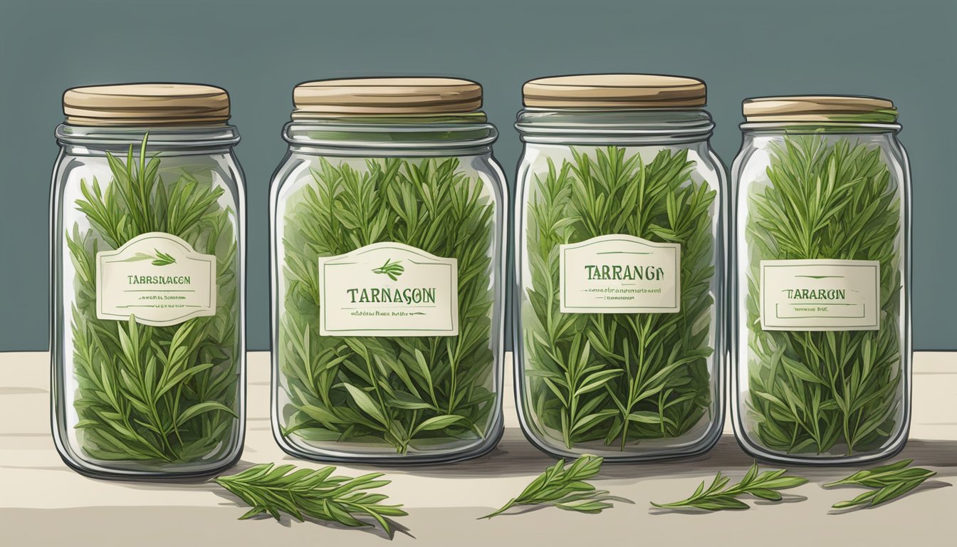 Fresh tarragon being harvested and placed in airtight jars with labels for long-term storage