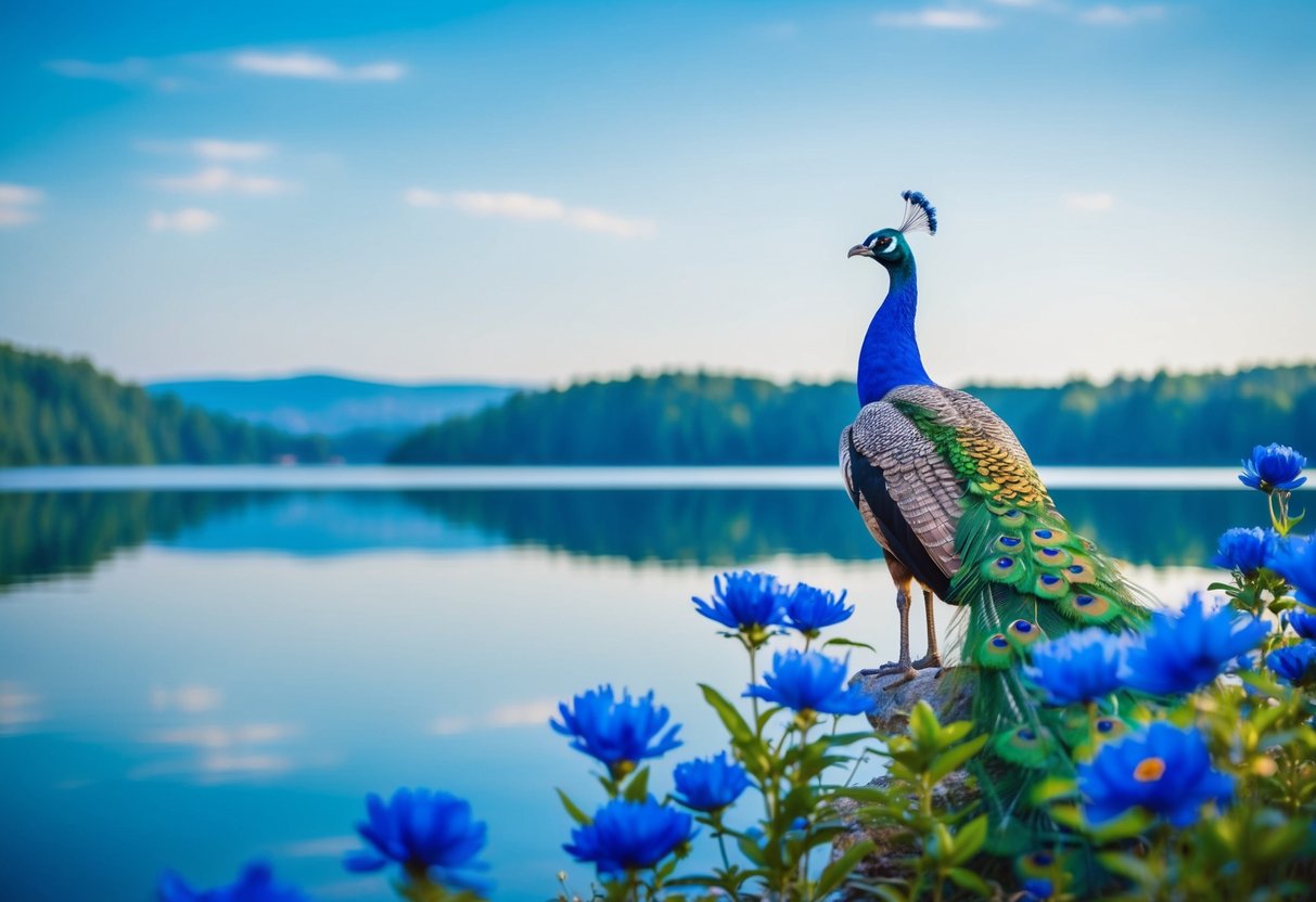 A serene blue lake reflecting a clear sky, surrounded by vibrant blue flowers and a majestic blue peacock displaying its feathers