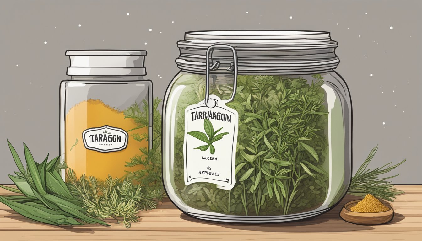 A jar of tarragon sits on a kitchen shelf, surrounded by other spices and herbs. The label on the jar indicates the expiration date