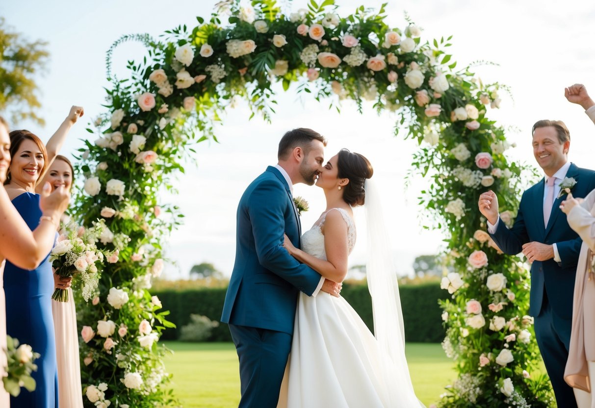 A newlywed couple standing under a floral arch, leaning in for a tender kiss, surrounded by cheering guests