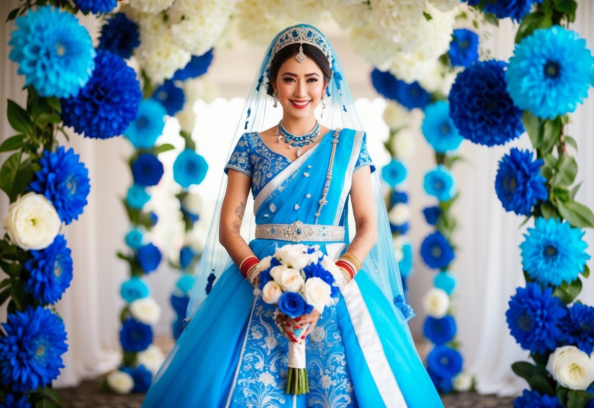 A bride wearing a traditional blue wedding dress, surrounded by vibrant blue decorations and flowers, symbolizing loyalty, trust, and stability in her marriage