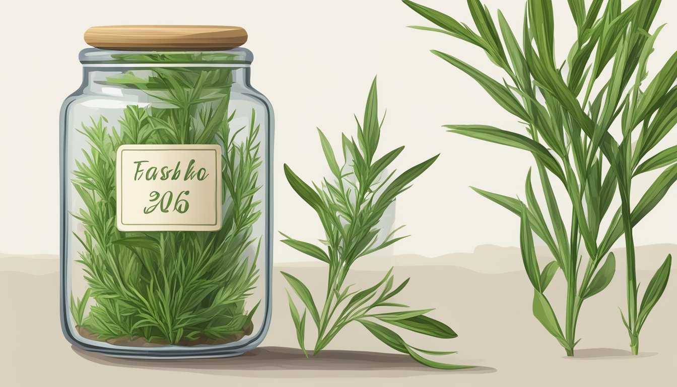 Fresh tarragon sprigs stored in a glass jar, with a label indicating the date of purchase